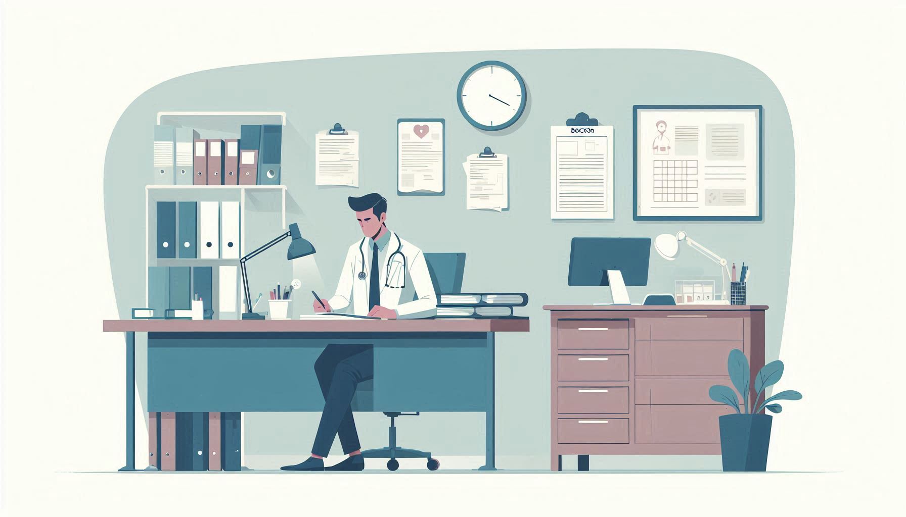 Illustration of a doctor looking over paperwork in his office.