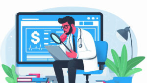 illustration style image of a doctor trying to research the cost of malpractice insurance